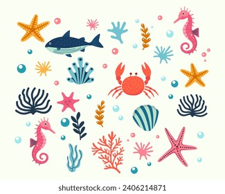 Marine life illustration pattern vector coral, shell, scallop, starfish, deep sea background layout silhouette printable	