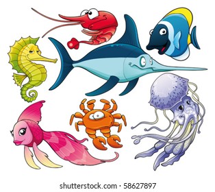 Marine life. Isolated cartoon and vector characters.