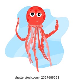 Marine life, jellyfish, swims underwater, sea season, sea, beach, ocean. Cute red jellyfish in cartoon style on a marine background.