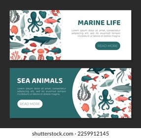 Marine life landing page templates set. Sea animals, underwater wild life horizontal web banners cartoon vector