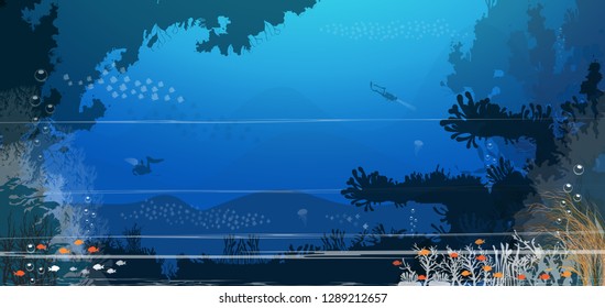 Marine Life Landscape - The backdrop of the ocean and underwater world, coral reefs, fish and divers with different residents.  Create videos or web graphic design, poster-vector card user interface.