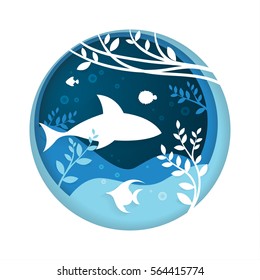 Marine Life Landscape - the ocean and animals underwater world in circle shape,paper art