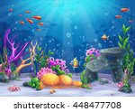 Marine Life Landscape - the ocean and underwater world with different inhabitants. For print, create videos or web graphic design, user interface, card, poster.