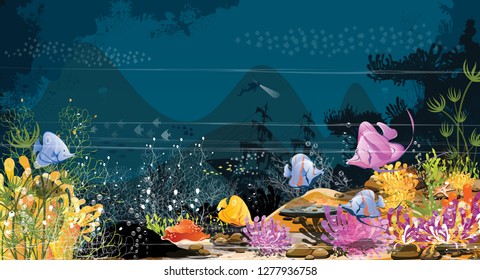 Marine Life Landscape - Ocean and underwater world, according to national and habitat of deep sea life For printing, create videos or web graphic design, poster-vector card user interface.