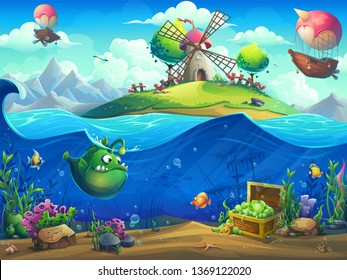 Marine life landscape - the ocean and the underwater world with different inhabitants. For design websites and mobile phones, printing.