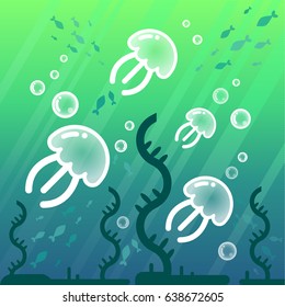 Marine life landscape - the ocean and underwater world with the jellyfishes. Vector flat illustration.