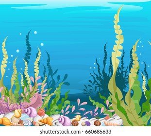 Marine Life Landscape - the ocean and underwater world with different inhabitants. For print, create videos or web graphic design, user interface, card, poster.