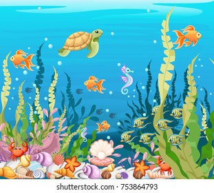 Marine Life Landscape - the ocean and underwater world with different inhabitants. For print, create videos or web graphic design, user interface, card, poster.