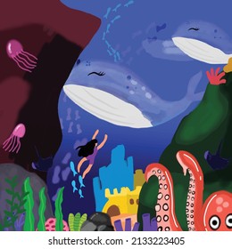 Marine Life Landscape watercolor. oceans and underwater world and big whales. underwater life concept can be used for posters, T-shirts, labels, websites, postcards.
