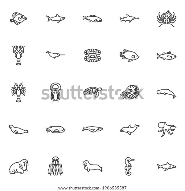 Marine life line icons set. linear style symbols\
collection, outline signs pack. Marine animal vector graphics. Set\
includes icons as sea fish, shark, narwhal, langoustine, turtle,\
jellyfish molluscs