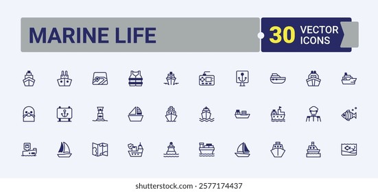 Marine Life lined icons set. It contains symbols to logistic, freight, water, marine, transportation, anchor and more. Symbol. Vector line and solid icons.