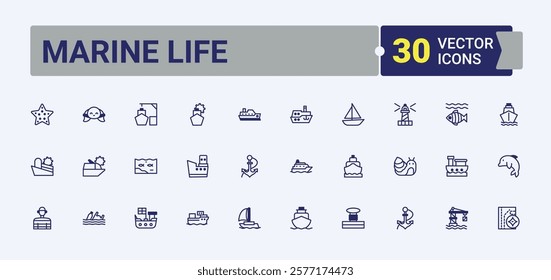 Marine Life lined icons set. It contains symbols to logistic, freight, water, marine, transportation, anchor and more. Symbol. Vector line and solid icons.