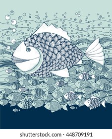 marine life little fish in decorative style. hand drawn vector illustration.