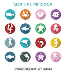 marine life long shadow icons, flat vector symbols