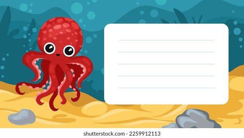 Marine life memo card with cute octopus. Notebook, diary, stationery, organizer page, sticker cartoon vector