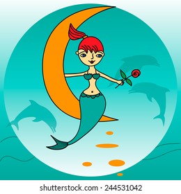 Marine life. Mermaid and dolphins