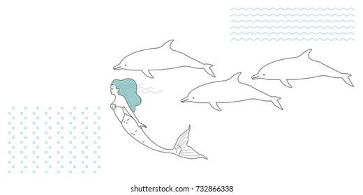 Marine life. Mermaid and dolphins. Pattern wave and bubbles.