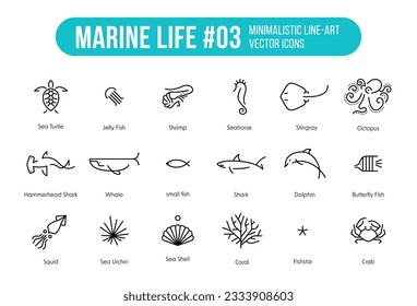 Marine Life Minimalist icons set Simple Line illustration - The collection includes eighteen fish and sea animals which suitable for education or categories