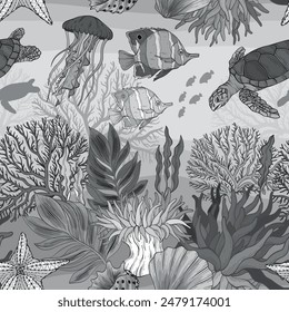 Marine Life monochrome pattern, the ocean and underwater world with different inhabitants. Seamless vector illustration