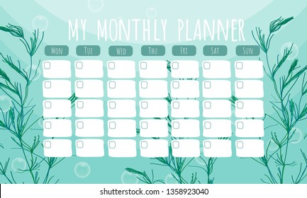 Marine life monthly planner/schedule with seaweeds.  Vector stationary template