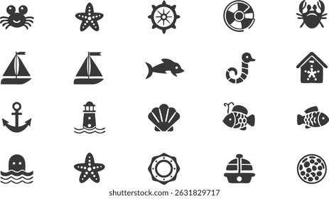 marine life nautical elements line icon set vec.eps
