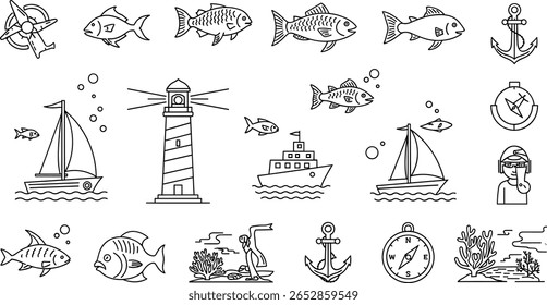 Vida Marinha, conjunto de ícones de linha Elementos Náuticos. Pictogramas vetoriais de criaturas marinhas, vela, exploração subaquática, veleiro, farol, navio, âncora, bússola, recife de coral fino linear