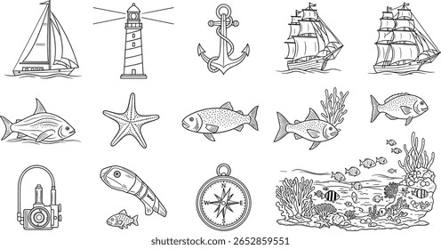 Vida Marinha, conjunto de ícones de linha Elementos Náuticos. Pictogramas vetoriais de criaturas marinhas, vela, exploração subaquática, veleiro, farol, navio, âncora, bússola, recife de coral fino linear