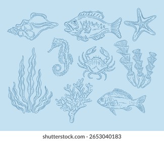 Marine life nautical outline pattern illustration background under the sea element collection print art editable