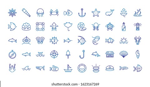 marine life nautical sea animals and equipment thick line blue icons vector illustration