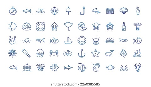 marine life nautical sea animals and equipment thick line blue icons Free Vector
