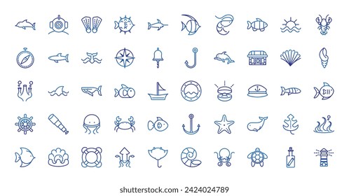 marine life nautical sea animals and equipment thick line blue icons vector