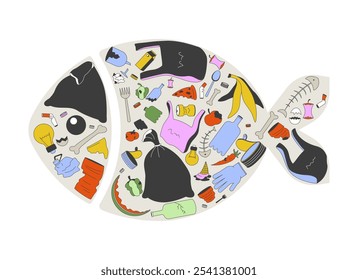 Marine life ocean pollution 2D illustration concept. Sea plastic organic waste. Debris trash seafish. Garbage in fish shape cartoon composition isolated on white. Metaphor abstract flat vector graphic