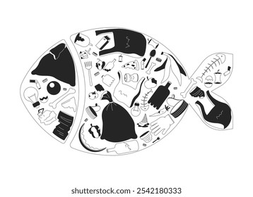 Marine life ocean pollution black and white 2D illustration concept. Sea plastic organic waste. Debris trash seafish. Garbage in fish shape outline composition isolated. Metaphor monochrome vector art