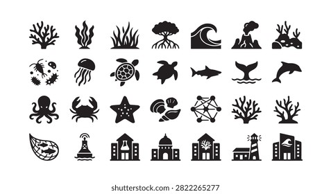 Marine life and oceanography research icon set with wildlife, jellyfish