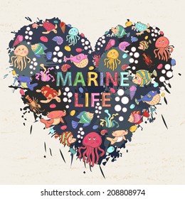 Marine life on the background of colorful blots, inks,themed design with elements:fish, turtle,shell,seaweed,jellyfish,coral,sea urchins,fish Hammer,lobster,bubbles in the shape of heart with text 
