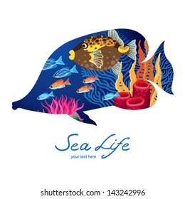 Marine life on background in the form of a fish. Place for your text. It can be used for decorating of invitations, cards, decoration for bags and clothes.