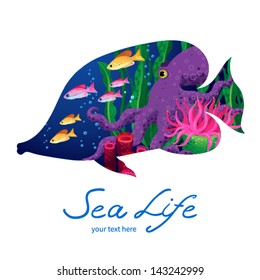 Marine life on background in the form of a fish. Place for your text. It can be used for decorating of invitations, cards, decoration for bags and clothes.