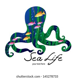 Marine life on background in the form of a octopus. Place for your text. It can be used for decorating of invitations, cards, decoration for bags and clothes.