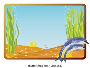 Marine life on background frame with the underwater scenery.