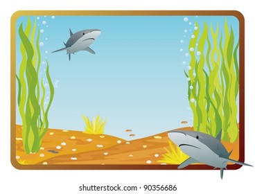 Marine life on background frame with the underwater scenery.