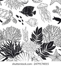 Marine Life outline pattern, the ocean and underwater world with different inhabitants. Seamless vector illustration