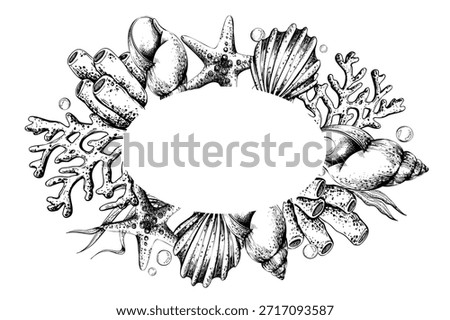 Marine life oval template frame illustration a hand drawn engraving style border with various sea shells starfish coral and bubbles for underwater and ocean concept. Outline graphic illustration