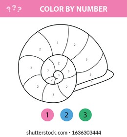 Marine life. Paint by numbers. Educational puzzle game for children. Coloring book. Cartoon vector illustration with shell