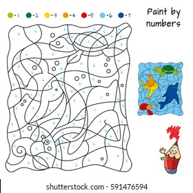 Marine life. Paint by numbers. Educational puzzle game for children. Coloring book. Cartoon vector illustration