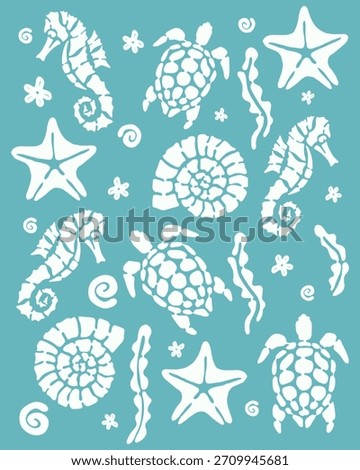 Marine Life Pattern background editable, An artistic pattern featuring charming sea creatures like seahorses, turtles, and starfish creates a delightful visual tapestry.