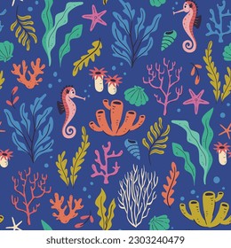 Marine life pattern. Cute sealife seamless pattern full of coral and seaweed isolated on blue background. Hand-drawn vector illustration.