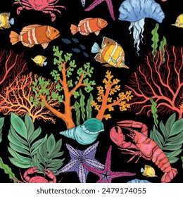 Marine Life pattern on black background, the ocean and underwater world with different inhabitants. Seamless vector illustration
