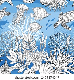 Marine Life pattern on blue background, the ocean and underwater world with different inhabitants. Seamless vector illustration