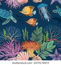 Marine Life pattern on dark background, the ocean and underwater world with different inhabitants. Seamless vector illustration
