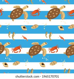 Marine life pattern on striped background for printing or textiles